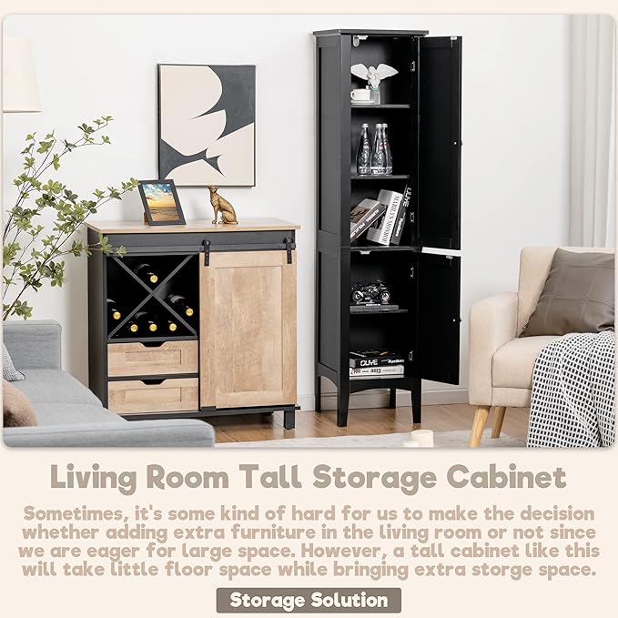 LOKO Tall Bathroom Floor Cabinet, Multifunctional Storage Cabinet with Doors, Narrow Slim Linen Tower for Bathroom, Living Room or Kitchen, 14.5 x 14.5 x 63 inches (Black)