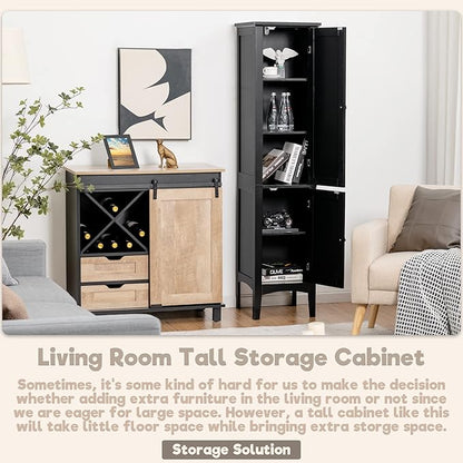 LOKO Tall Bathroom Floor Cabinet, Multifunctional Storage Cabinet with Doors, Narrow Slim Linen Tower for Bathroom, Living Room or Kitchen, 14.5 x 14.5 x 63 inches (Black)