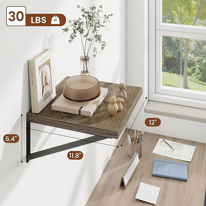 Deep Wall Shelves 12"W x 12"D Engineered Wood Floating Shelves for Wall, Sturdy Metal Bracket Bookshelves Home Decor Storage for Living Room Bedroom Bathroom Kitchen, Set of 2, Grey Finish