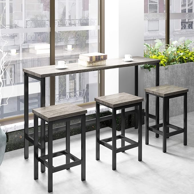 Merax 4-Piece Counter Height 60.2inch Extra Long Dining Table Set with 3 Stools and Side Table with Footrest,Space-Saving Pub Kitchen Set,Gray