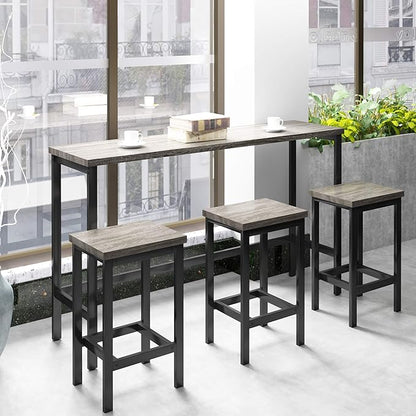 Merax 4-Piece Counter Height 60.2inch Extra Long Dining Table Set with 3 Stools and Side Table with Footrest,Space-Saving Pub Kitchen Set,Gray