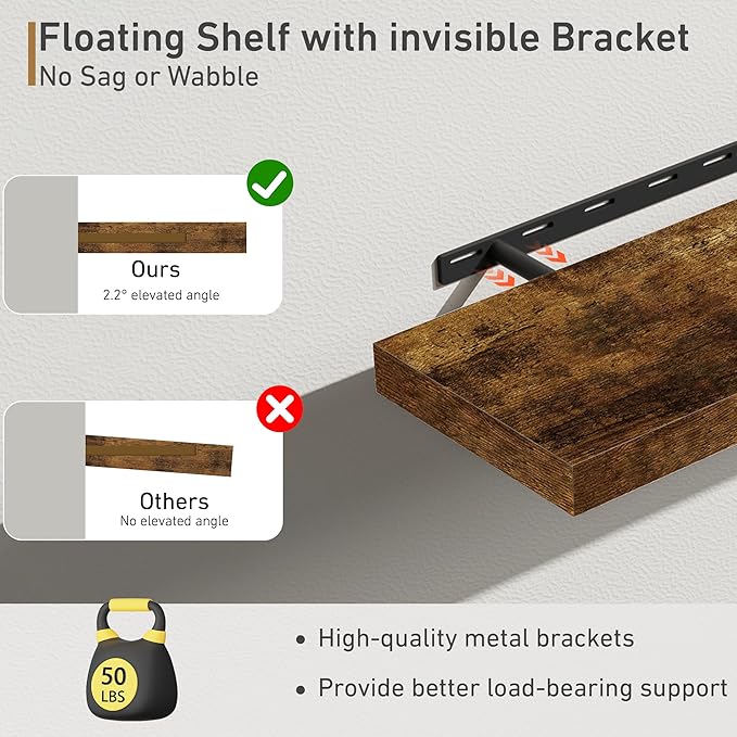 Fun Memories Floating Shelves - 2 Pack 9.3 Inch Deep Rustic Wooden Wall Shelves - Wall Mounted Storage Shelf with Invisible Brackets, 24" W x 9.3" D x 1.6" H - Rustic Brown