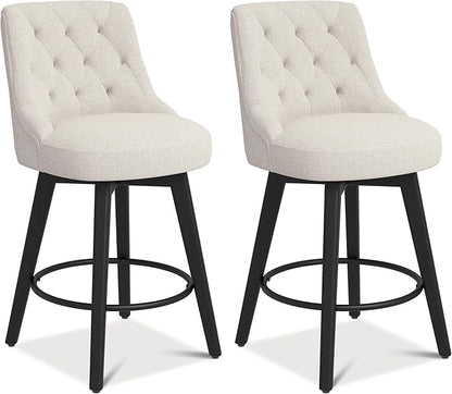 Vipbear Swivel Bar Stools Set of 2, Updated Thickened Upholstered Fabric Counter Height Barstools with Backs, Solid Wood Legs, 26" Modern Bar Height Stools for Kitchen Island, Dining Room, Dark Beige