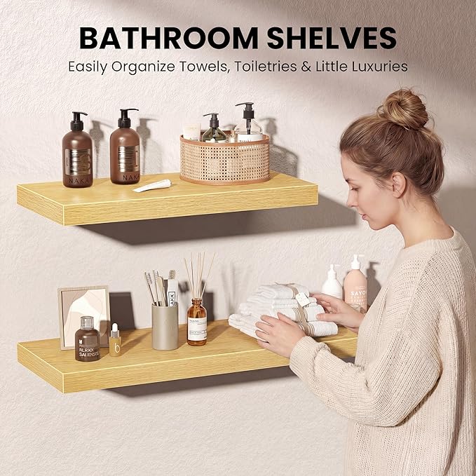 Floating Shelves for Wall, 24 Inch Floating Shelves Set of 2, Wall Mounted Rustic Wood Shelf for Bathroom, Living Room, Bedroom and Kitchen, Hanging Shelf for Storage, Books, Home Decor, Oak