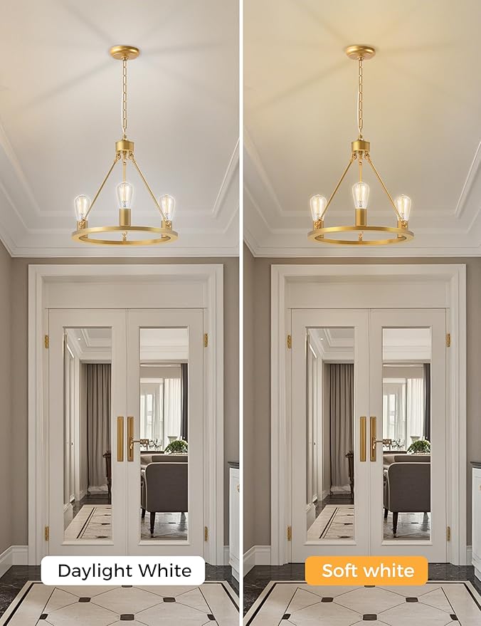 L LOHAS LED Gold Farmhouse Chandeliers for Dining Room, 3-Light Wagon Wheel Chandelier Over Table, Height Adjustable, 16" Dining Room Light Fixtures, Modern Chandelier for Kitchen Island Living Room