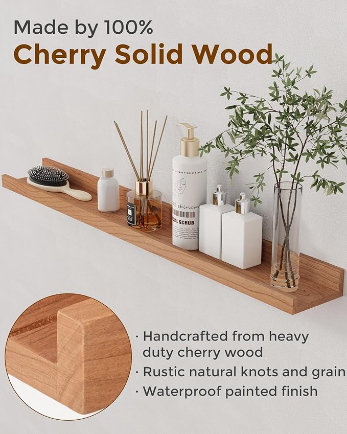 Axeman Cherry Picture Ledge Shelf, 24 Inch Floating Shelves Set of 2, Solid Wood Wall Shelves with Lip, Wall Decor Storage for Bedroom Living Room Bathroom Kitchen Nursery Photo, Natural Cherry