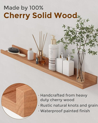 Axeman Cherry Picture Ledge Shelf, 24 Inch Floating Shelves Set of 2, Solid Wood Wall Shelves with Lip, Wall Decor Storage for Bedroom Living Room Bathroom Kitchen Nursery Photo, Natural Cherry