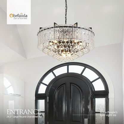 29.2" 16-Light Modern Glass Chandelier Light Fixtures Large Black 4-Tier Crystal Beads Chandeliers for Dining Room Round Hanging Ceiling Pendant Lighting for Bedroom Entryway Foyer Stairway