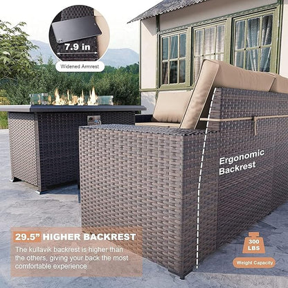 Kullavik 10PCS Outdoor Patio Furniture Set,PE Wicker Rattan Sectional Sofa Patio Conversation Sets with 43" 55000BTU Gas Propane Fire Pit Table,Swivel Rocking Chairs Set,Sand