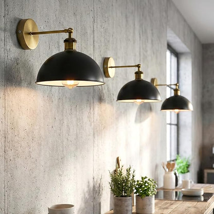Dome Metal Wall Sconce, 180° Adjustable Industrial Wall Lamp for Bedside, Study, Kitchen, and Living Room Décor. (Black Inner White.)