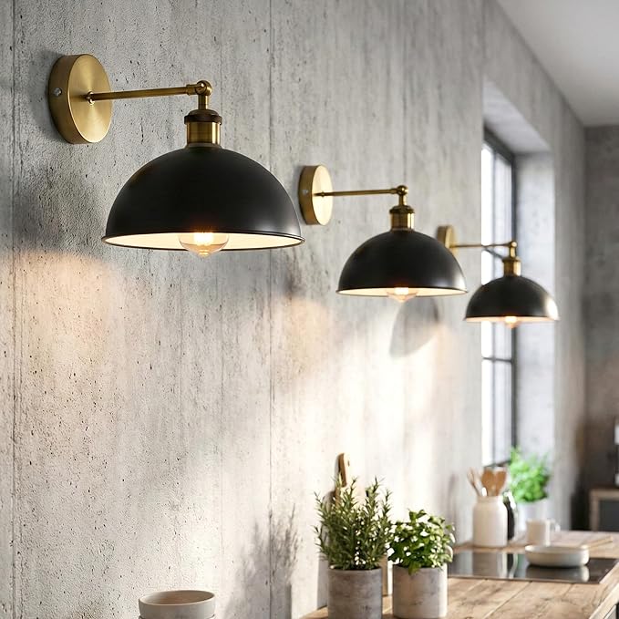 Dome Metal Wall Sconce, 180° Adjustable Industrial Wall Lamp for Bedside, Study, Kitchen, and Living Room Decor. (Black Inner Gold.)
