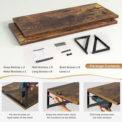 Acovy Deep Floating Shelves Wall Mounted, 30"x12" Brown Wood Shelves with Brackets Set of 2 for Bedroom, Living Room, Bathroom, Kitchen, Office - Storage & Display Shelf for Decor, Books, Plants