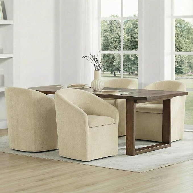 KISLOT Upholstered Dining Chairs Set of 4 with Casters, Modern Side Barrel Armchair with Washable Slipcover & Sturdy Metal Frame for Diningroom Bedroom Livingroom Reading Room, Sand Fabric