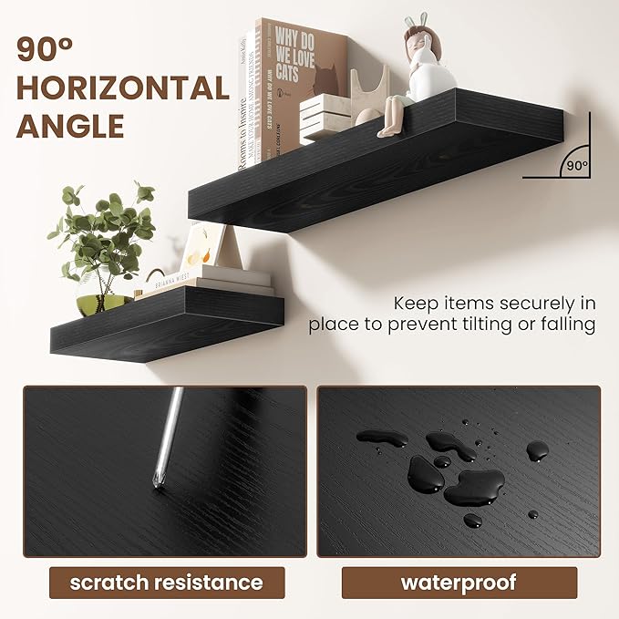 Acovy 48 Inch Floating Shelves for Wall 2 Pack, 48" Wall Shelves for Books, Storage, Decor, Wall Mounted Floating Shelf with Invisible Brackets for Kitchen, Living Room, Black