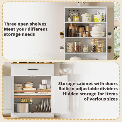 IRONCK Bakers Rack Microwave Stand with Customizable Pegboard and Storage, 71" Farmhouse Coffee Bar Cabinet with Drawer, Barn Doors, Adjustable Shelves for Kitchen, Dining Room, 23.6" White