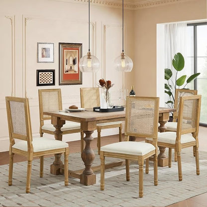 SoarFlash French Dining Chairs Set of 6, Vintage Dining Chairs with Rattan Backrest, Wooden Framehouse Chairs for Living Room, Kitchen, Restaurant, Beige