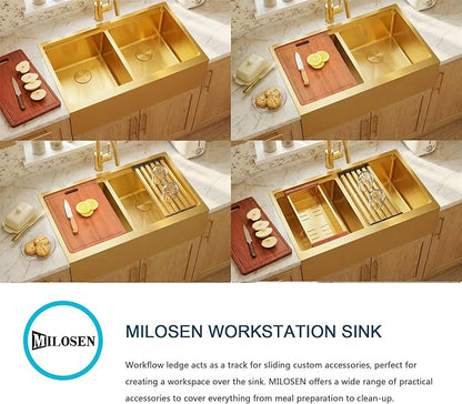 MILOSEN 30 Inch Gold Farmhouse Kitchen Sink, 30''x22'' Drop-in Stainless Steel Workstation Apron Front Sink with Ledge & Accessories, 50/50 Double Bowl Farm Sinks, 10'' Large and Deep Handmade Sinks