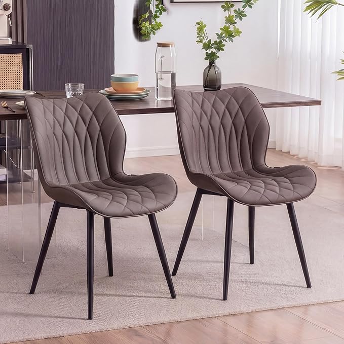 Kidol & Shellder Dining Chairs Set of 2, PU Leather Upholstered Kitchen Chairs with Back Armless, Mid Century Modern Side Chair for Dining Room, Living Room, Lounge, Restaurant, Brown