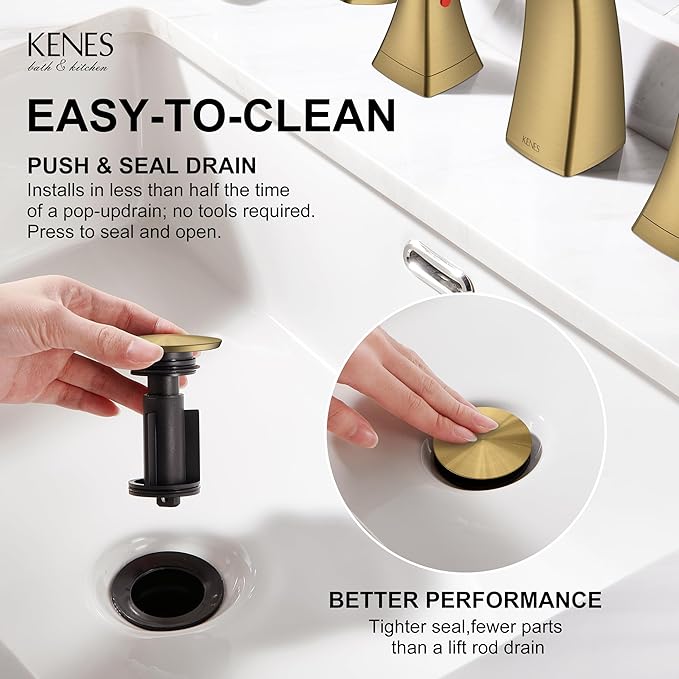 KENES Gold Bathroom Faucets for Sink 3 Hole, Brushed Gold 8 Inch 2 Handle Widespread Bathroom Faucet, Bathroom Vanity Faucet with Pop Up Drain & Supply Lines, LJ-9075-4