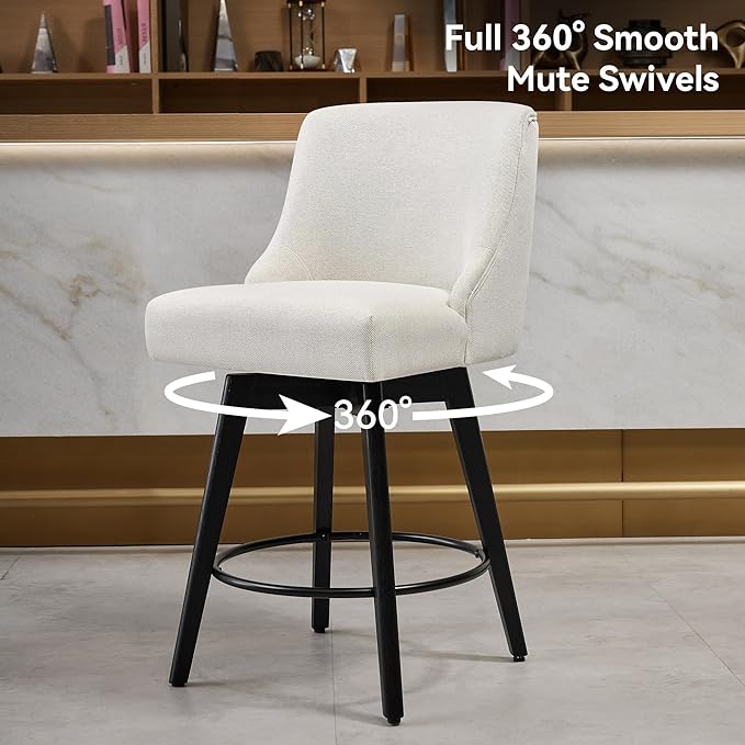Counter Height Bar Stools Set of 2, Swivel Barstools with Backs and Wood Legs, Linen Fabric Upholstered Counter Stools for Kitchend Island, Mid-Century Modern 26" Seat Height Bar Chairs, Cream