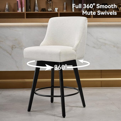 Counter Height Bar Stools Set of 6, Swivel Barstools with Backs and Wood Legs, Linen Fabric Upholstered Counter Stools for Kitchend Island, Mid-Century Modern 26" Seat Height Bar Chairs, Cream