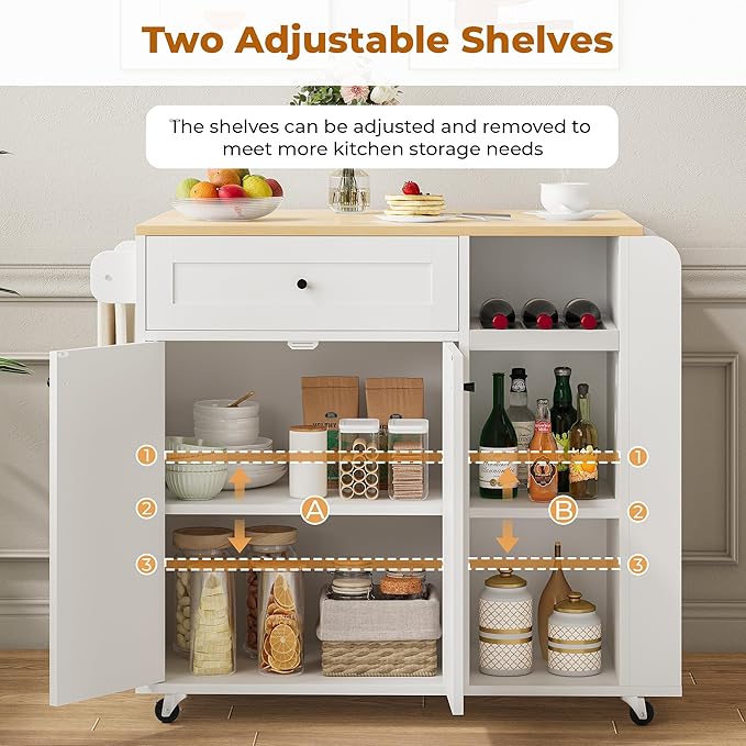 IRONCK Kitchen Island with Drop Leaf and Wine Rack, Rolling Kitchen Island on Wheels with Storage, Kitchen Island Cart with 3 Spice Rack, 3 Open Shelves, and Drawer, White