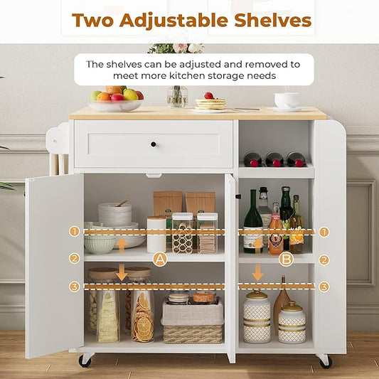 IRONCK Kitchen Island with Drop Leaf and Wine Rack, Rolling Kitchen Island on Wheels with Storage, Kitchen Island Cart with 3 Spice Rack, 3 Open Shelves, and Drawer, White