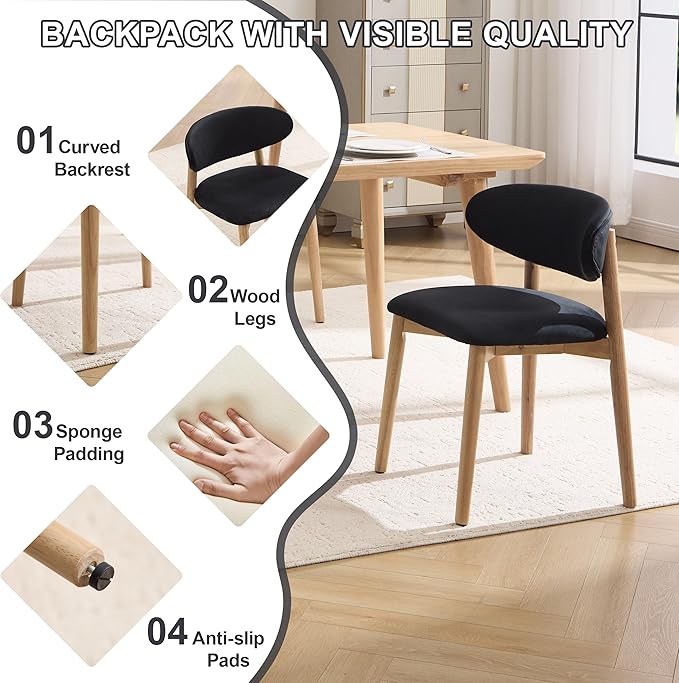 Upholstered Dining Chairs Set of 2, Velvet Fabric Kitchen & Dining Room Chairs with Solid Wood Legs, Modern Armless Side Chairs for Kitchen Island, Living Room, Restaurant (Black, Set of 2)