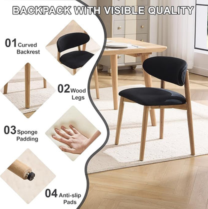 Upholstered Dining Chairs Set of 2, Velvet Fabric Kitchen & Dining Room Chairs with Solid Wood Legs, Modern Armless Side Chairs for Kitchen Island, Living Room, Restaurant (Black, Set of 2)