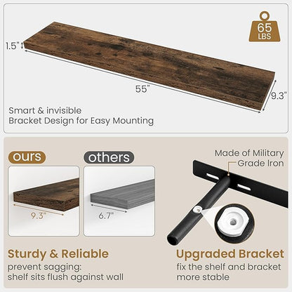 55"W x 9.3"D Floating Shelves for Wall, Wall Mounted Bathroom Shelves 1 Pack Deep Floating Shelf for Bedroom Kitchen Living Room, Rustic Wooden Wall Shelf with Invisible Bracket for Books Decor
