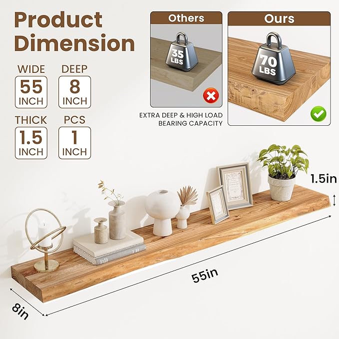 Acovy Extra Deep 55" Long Live Edge Rustic Floating Shelves for Wall, Solid Wood Wall Shelves with Invisible Bracket Mount for Living Room Bathroom Bedroom Kitchen, Set of 1, Natural