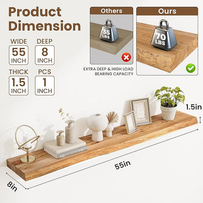 Acovy Extra Deep 55" Long Live Edge Rustic Floating Shelves for Wall, Solid Wood Wall Shelves with Invisible Bracket Mount for Living Room Bathroom Bedroom Kitchen, Set of 1, Natural
