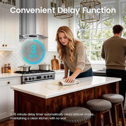 30 inch Wall Mounted Range Hood, 1200 CFM Kitchen Hood with Energy Saving DC Motor, 8-Speed Fan, Ducted/Ductless Convertible, Memory Function & Delay Shutoff, Tempered Glass