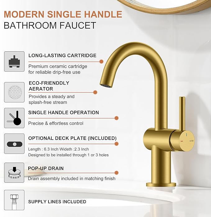 KENES Brushed Gold Single Handle Bathroom Faucets Modern Prep Wet Bar Sink Faucets Bathroom Sink Faucet with Drain Assembly & Deck Plate, Farmhouse RV Camper Outdoor Utility Faucet, KE-9005B-4