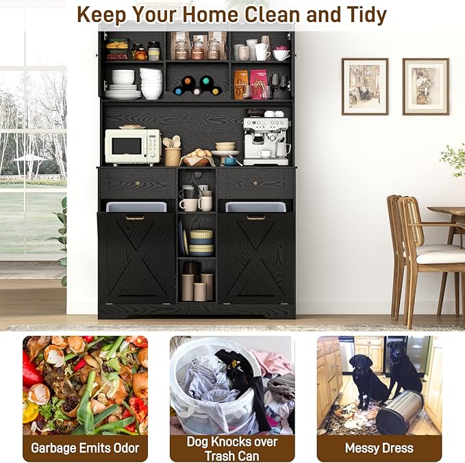 71" Tall 47"Wide Kitchen Pantry Storage Cabinet with Power Outlets,Farmhouse Kitchen Double Tilt Out Trash Cabinet 10X2 Gallon Garbage Holder with Two Drawers,Freestand Laundry Sort Cabinets(Black)