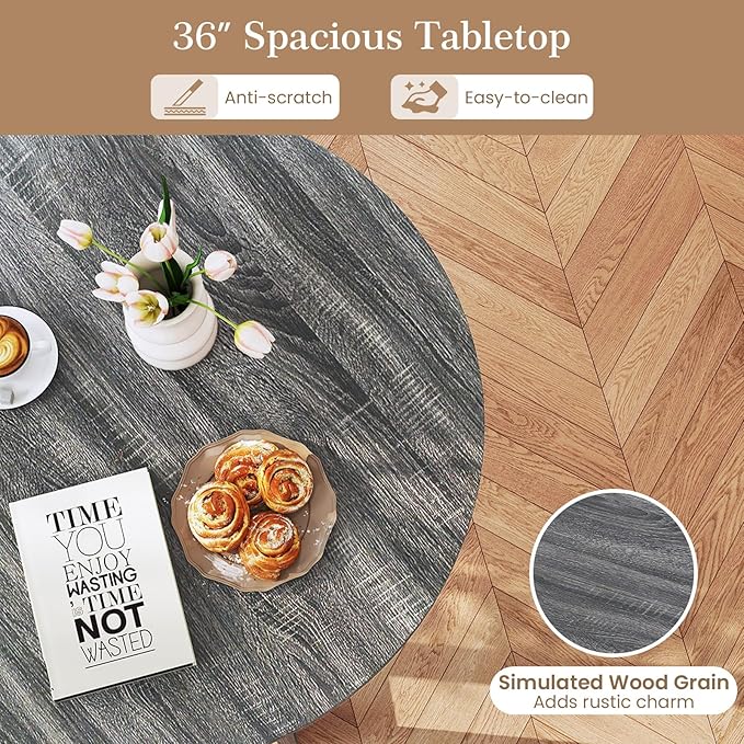 36’’ Round Dining Table, Dinner Table for 4 w/Rubber Wood Legs & Wing-Shaped Frame, Farmhouse Kitchen Table for Dining Living Room, Apartment, Bar, Restaurant, Bistro (Gray)