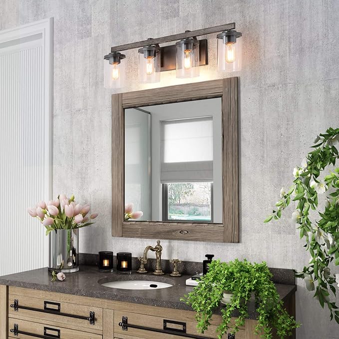 LALUZ Bathroom Vanity Light Fixtures, Farmhouse Vanity Lighting with Clear Glass Shades, Faux Wood, 4-Light, 28’’ L x 6.3’’ W x 8.7’’ H