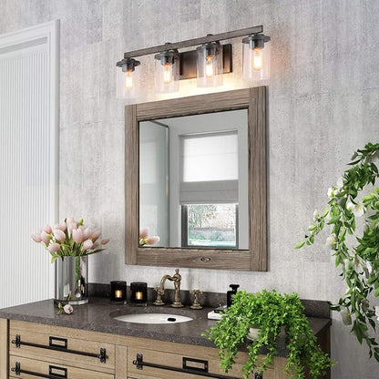 LALUZ Bathroom Vanity Light Fixtures, Farmhouse Vanity Lighting with Clear Glass Shades, Faux Wood, 4-Light, 28’’ L x 6.3’’ W x 8.7’’ H
