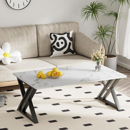 Wolawu Coffee Table White Living Room Center Table, Simple Modern Faux Marble Rectangular Tea Table with Sturdy Black Metal Frame,Industrial Wooden Coffee Table for Bedroom Home Office