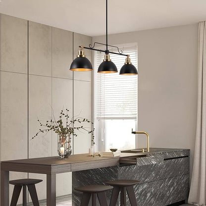 KSANA Chandeliers for Dining Room, 3-Light Linear Kitchen Island Pendant Lighting, 34.5 Inch Large Black and Gold Pool Table Lighting Fixture Hanging