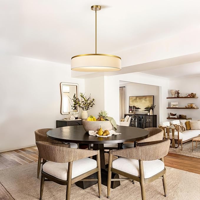 19.6 Inch Integrated LED Drum Chandeliers, 2800K Modern Fabric Pendant Light Fixture, White Linen and Gold Finish, Large Semi Flush Mount Lighting for Dining Room Bedroom Kitchen Entryway