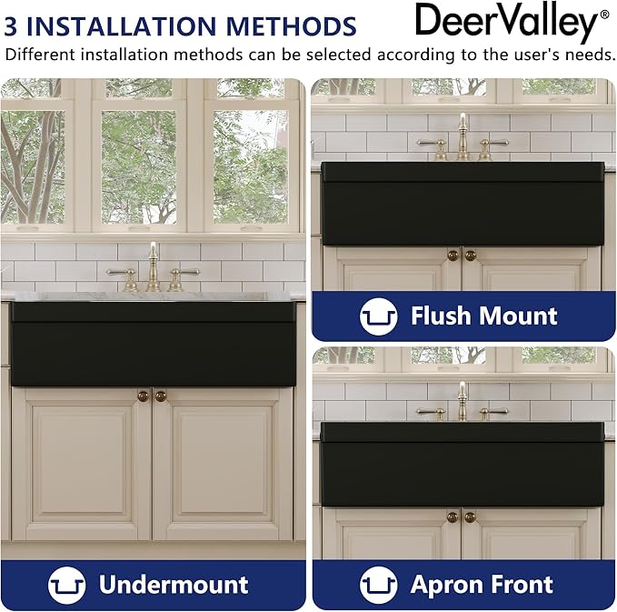 DeerValley 33 inch Workstation Kitchen Sink, Black Fireclay Farmhouse Sink, Double Bowl Apron Front Deep Drop-in Undermount Sink with Workstation Accessories