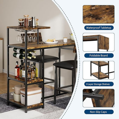 GAOMON 3-Piece Dining Set, Bar Table and Chairs Set for 2, High Top Table and Upholstered Chairs with Storage Shelves, Breakfast Nook, Bar Pub Set for Kitchen, Home Bar, Small Space