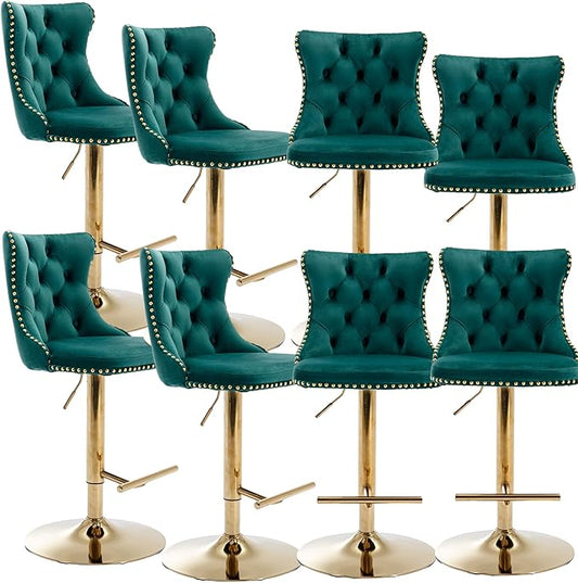 Rhomtree Velvet Swivel Bar Stools Upholstered Bar Stool with Button Tufted Back and Pull Ring Height Adjustable Barstools 25-33 Inch for Home Pub and Kitchen Island (Green with Gold Base, Set of 8)