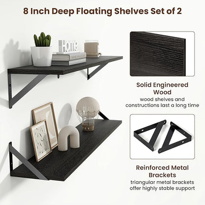 Axeman 36 Inch Floating Shelves | 8 Inch Deep Black Wall Shelves Set of 2 | 36''W x 8''D Rustic Black Wood Shelves for Bathroom Living Room Bedroom Kitchen