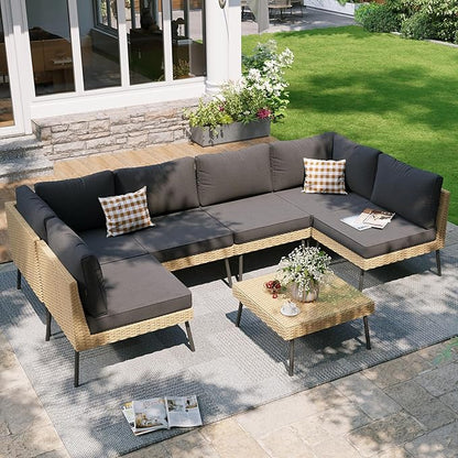 Aoxun 7-Piece Patio Furniture Set, Wicker Outdoor Furniture with Water Resistant Thick Cushions, Patio Conversation Set Outdoor Sectional Sofa with Coffee Table for Backyard Poolside, Black