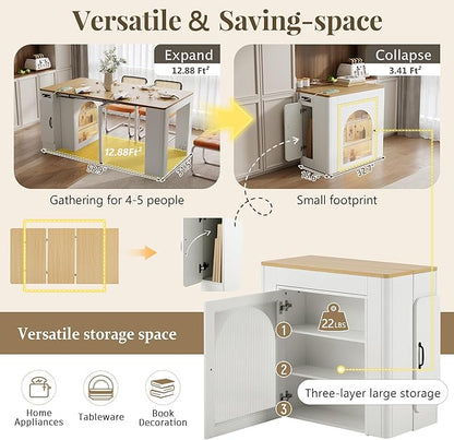 Merax 59" Rolling Kitchen Island with Extendable Table, Storage Cabinet and Power Outlet, Mobile Kitchen Islands Cart on Wheels for Small Space Dining Living Room, White
