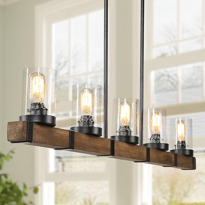 LALUZ 5-Light Kitchen Island Lighting, Farmhouse Wood Linear Dining Room Chandelier Over Table with Seeded Glass Shade, 42.9'' Large Rustic Wooden Chandeliers Light Fixtures for Dining Room