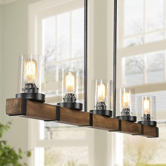 LALUZ 5-Light Kitchen Island Lighting, Farmhouse Wood Linear Dining Room Chandelier Over Table with Seeded Glass Shade, 42.9'' Large Rustic Wooden Chandeliers Light Fixtures for Dining Room
