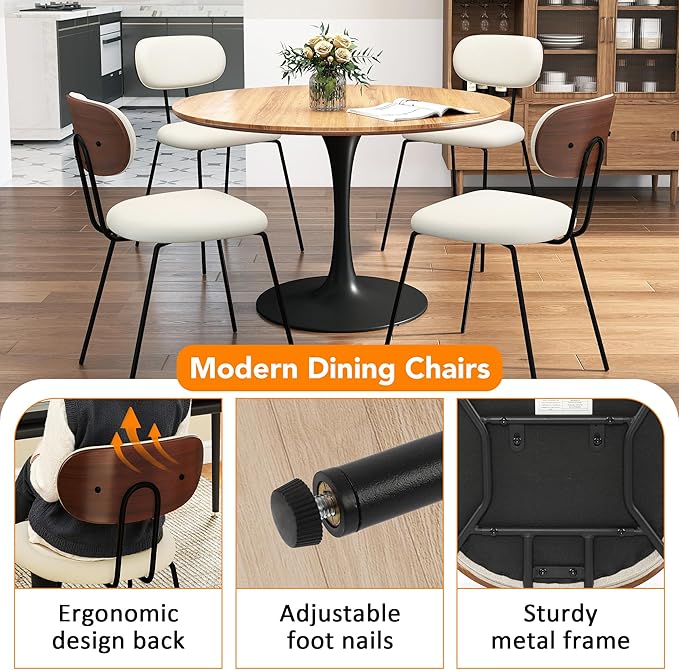 LSSPAID Dining Chairs Set of 4, Linen Fabric Upholstered Dining Room Chairs with Walnut Bentwood Back, Mid-Century Modern Kitchen Chairs with Adjustable Feet Pads, Beige